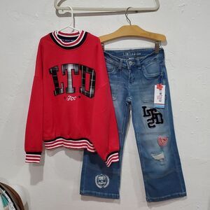 Limited Too Red Sweatshirt with Mathing Wide Leg Jeans Size 7 Or S
